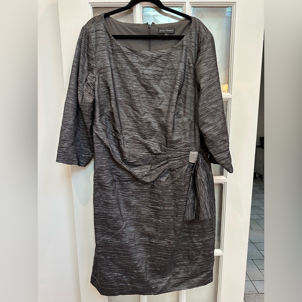 Jessica Howard Gun Metal Steel Grey Ruched Formal Midi Dress Plus Size 24W